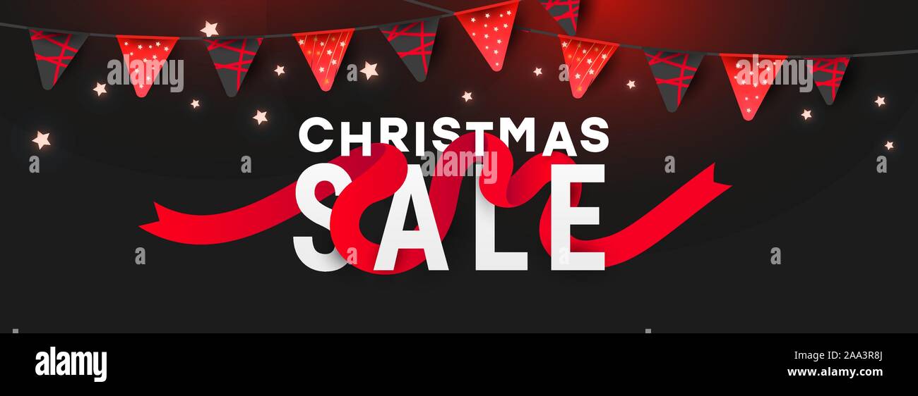 Mary Christmas Sale Banner oder Hintergrund mit glänzenden goldenen Kranz und Sterne mit glitter Textur auf einem dunklen Hintergrund. Stock Vektor