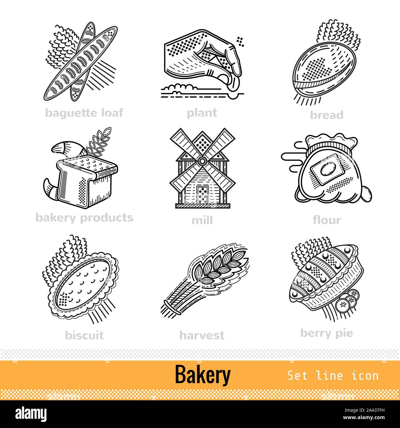 Satz von Bäckerei und Bäckerei Produktumriss Web Icons Stock Vektor