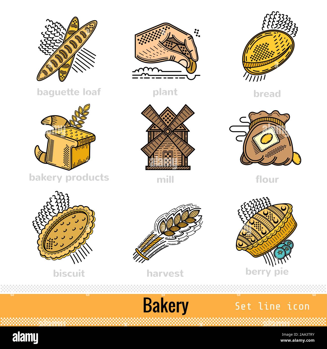 Satz von Bäckerei und Bäckerei Produktumriss Web Icons auf Weiß Stock Vektor