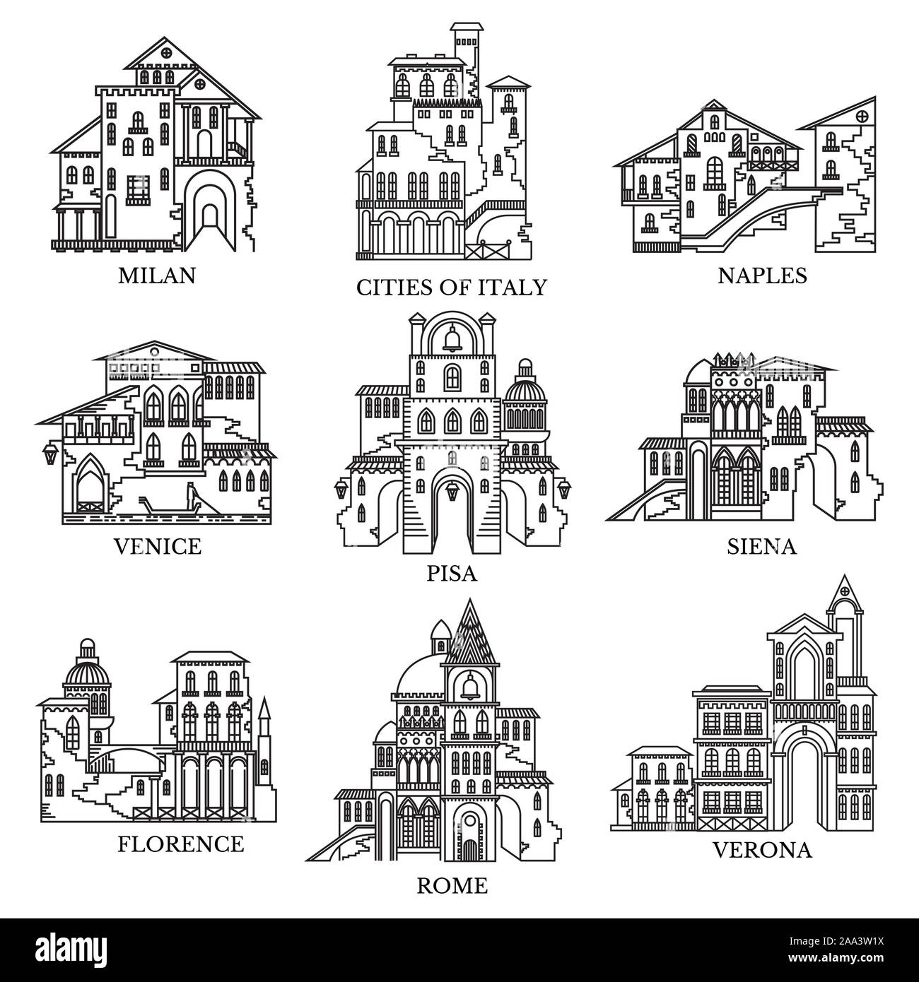 Einstellen der verschiedenen Architektur und Städte Italiens. Vektor Zeile für Symbole für Tourismus web und Werbung Stock Vektor