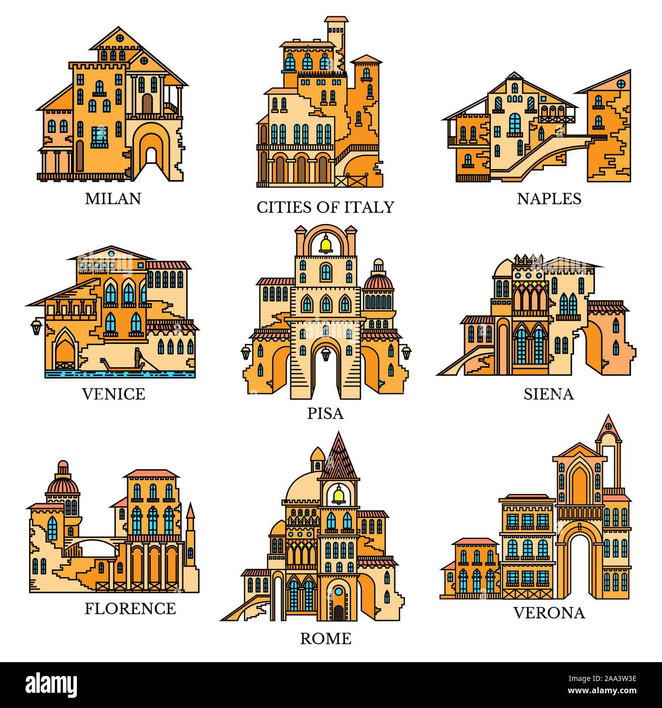Einstellen der verschiedenen Architektur und Städte Italiens. Vector Color Line Symbole für Tourismus web und Werbung Stock Vektor