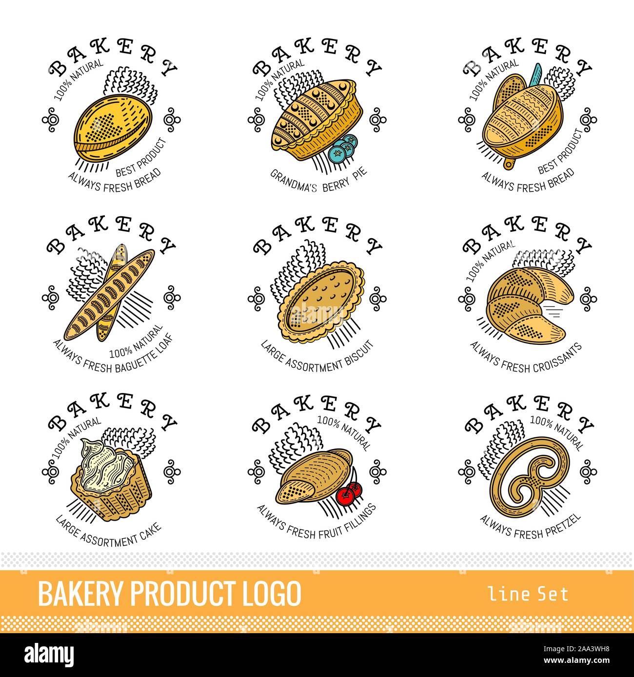 Einstellen der Farbe Umrisse Art Bäckerei Produkt Logo. Beschriftungen für unterschiedliche Brot isoliert auf weißem Stock Vektor
