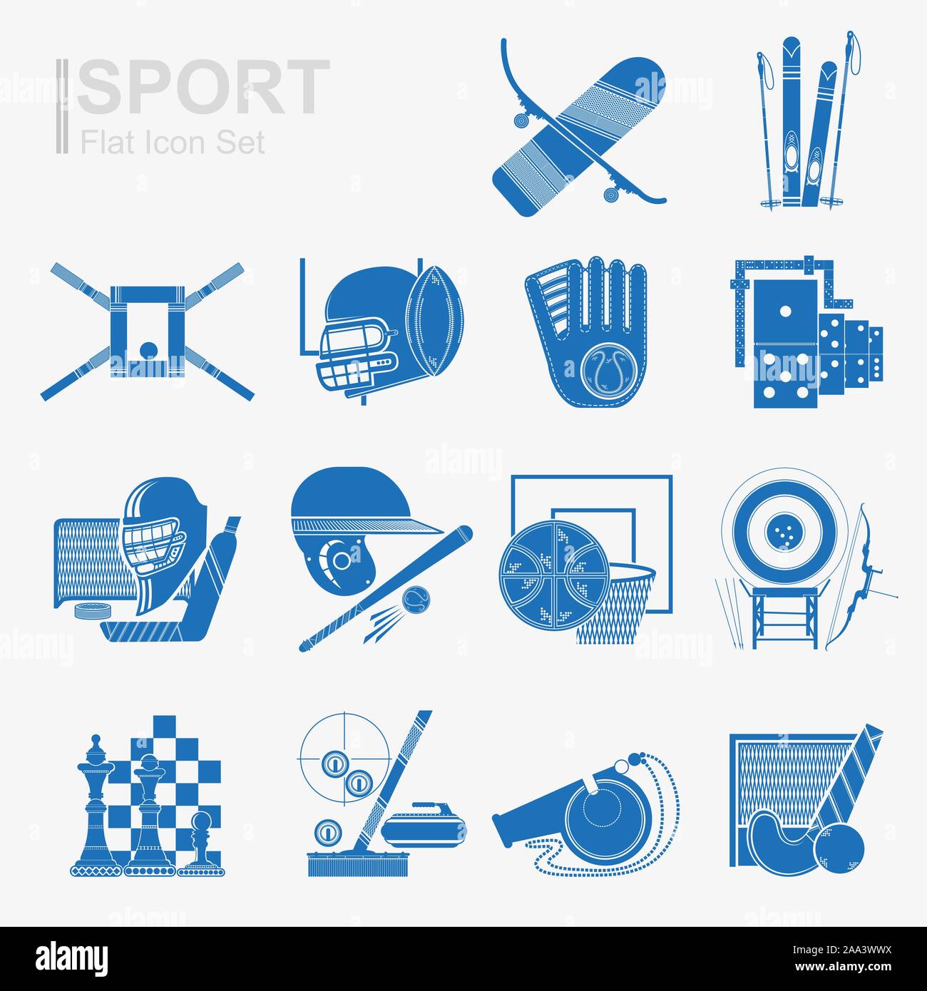 Satz mit flachen Design sport Symbol mit isolierten blaue Silhouette sport Inventar, Ausrüstung Stock Vektor