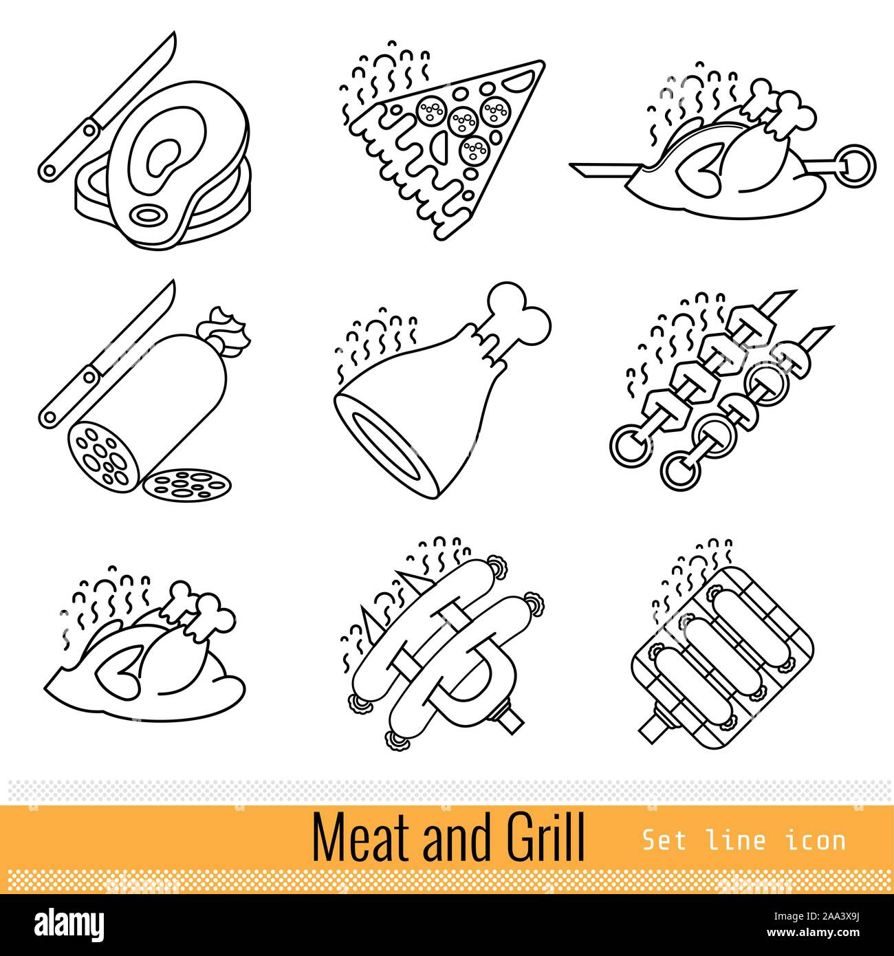 Satz von Outline einfache Web-Symbol. Fleisch Grill BBQ Stock Vektor