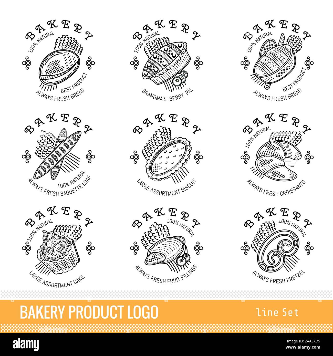 Satz von outline Art Bäckerei Produkt Logo. Beschriftungen für unterschiedliche Brot isoliert auf weißem Stock Vektor