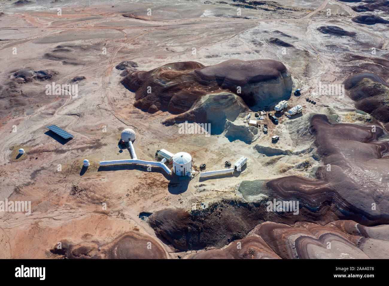 Hanksville, Utah - Forscher simulieren, Leben auf dem Mars auf dem Mars Desert Research Station. Der RV rechts House Project Administration und keine Stockfoto