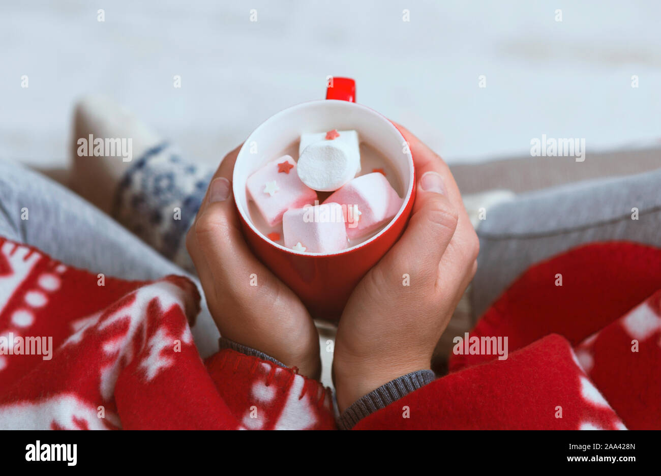 Frau Erwärmung mit heißer Schokolade zu Hause Bündelung in Rot karierte Stockfoto