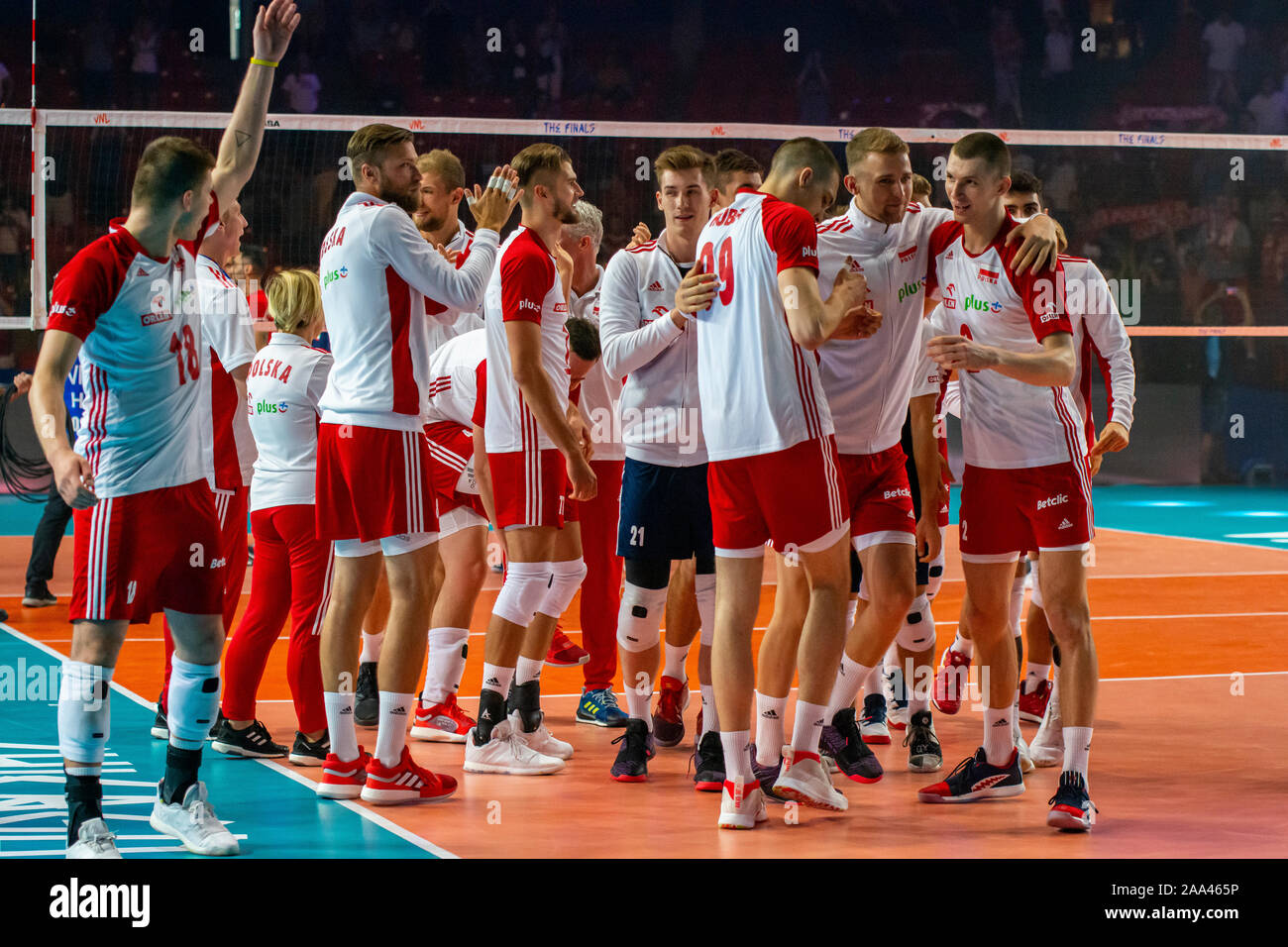 Chicago, Illinois, Vereinigte Staaten - 11. Juni, 2019: die Spieler der polnischen nationalen Wasser-gym Team während der Fivb-Finale in Chicago, Illinois. Stockfoto