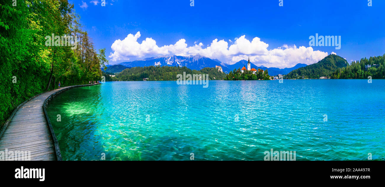 Beeindruckende Bleder See Panoramaaussicht, Slowenien. Stockfoto