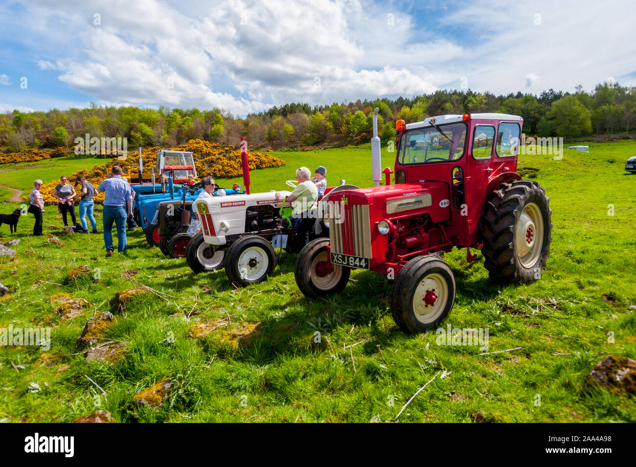 Traktoren am Dorf Vieh auf der Knapps Kilmacolm Schottland. Stockfoto