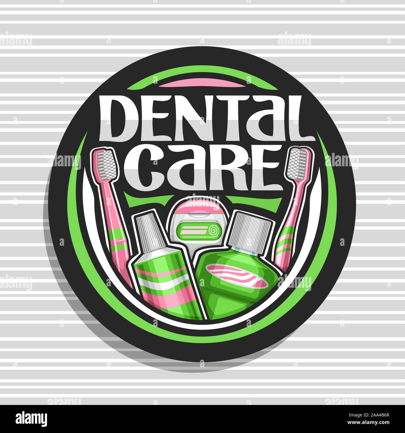 Vektor logo für Zahnpflege, schwarze runde Schilder mit der Abbildung der prophylaktischen Produkte für Hygiene der Mundhöhle, Zeichen mit original Schriftzug fo Stock Vektor