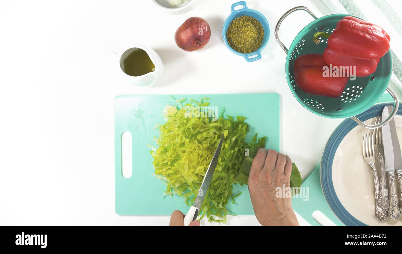 Römersalat auf einem Schneidebrett. Salat Vorbereitung. Frische organische Römersalat, Paprika, Zwiebel, gewürze, und Olivenöl Stockfoto