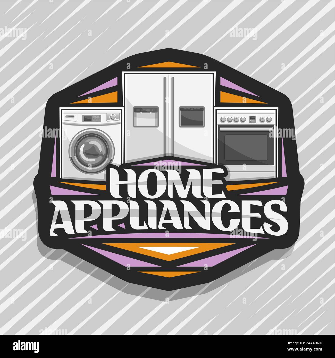 Vektor logo für Haushaltsgeräte, schwarzen Aufkleber mit Abbildung: Weiße Waschmaschine, großen Kühlschrank mit Bildschirm, Elektroherd, original letteri Stock Vektor