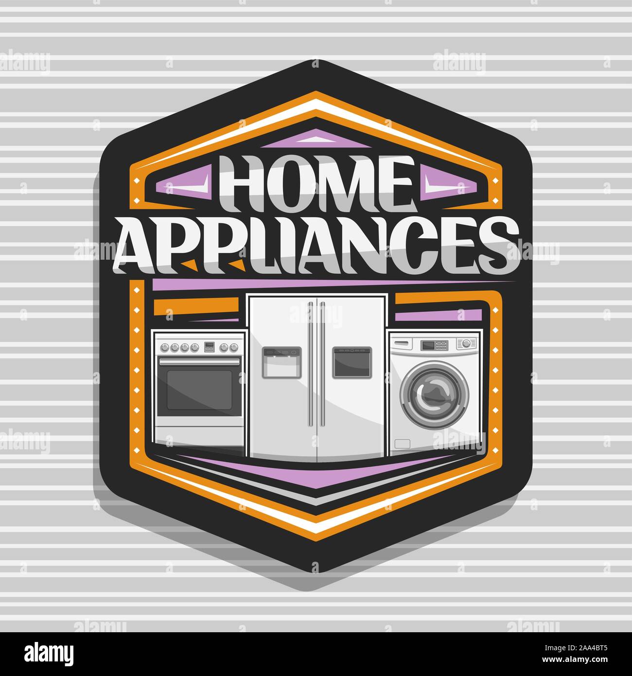 Vektor logo für Haushaltsgeräte, sechseckige Zeichen mit Abbildung: E-Herd, großen Kühlschrank mit Bildschirm, chrom Waschmaschine, original Lette Stock Vektor