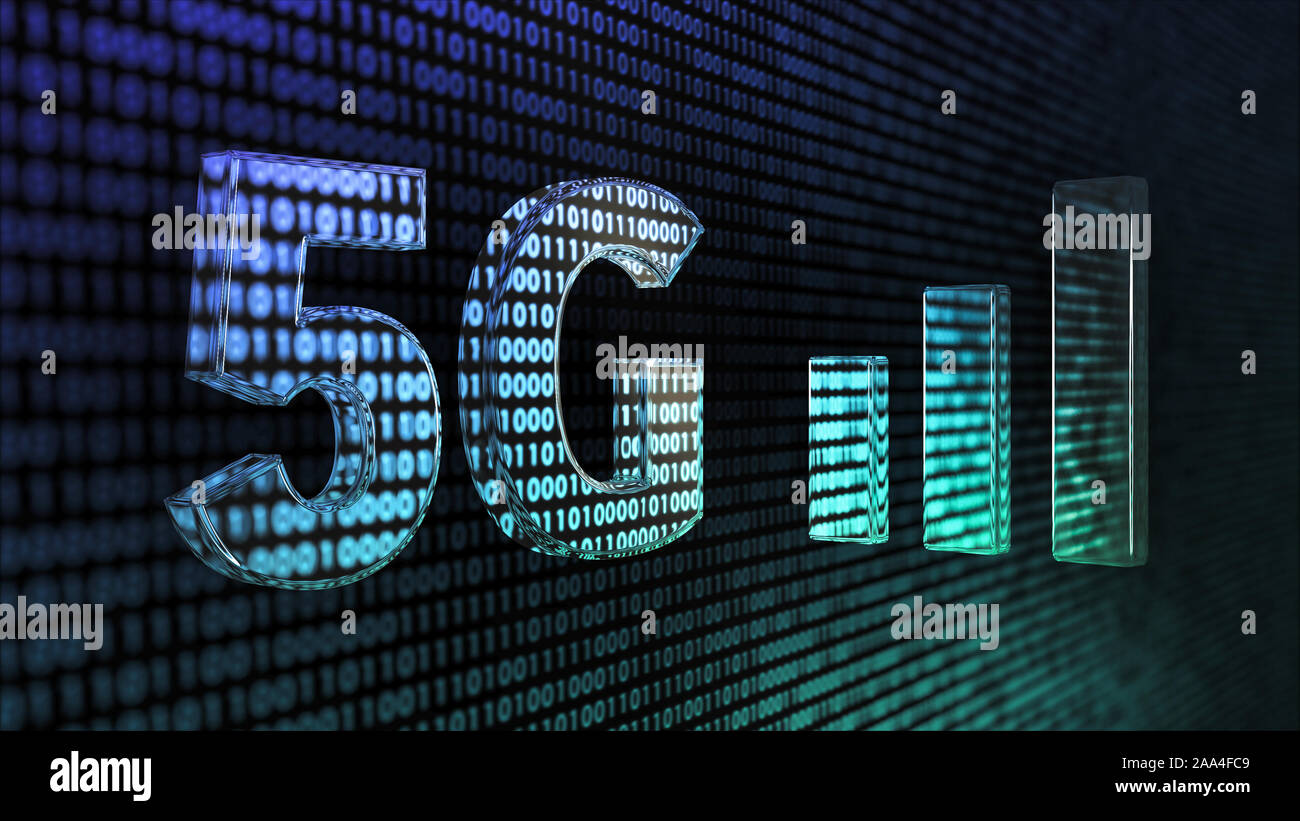 3D-Darstellung mit 5G und einem Handy Signal Graph in einer glasigen Oberfläche againsta Blau binäre Daten Hintergrund Stockfoto