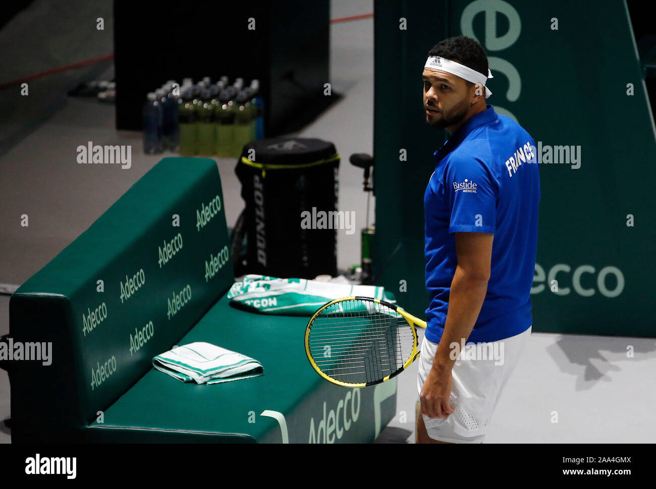 Jo-Wilfried Tsonga Frankreich in Aktion während der singles Match gegen Yasutaka Uchiyama von Japan an Tag 2 des 2019 Davis Cup im La Caja Magica. Tsonga gewinnt 2-0 Stockfoto