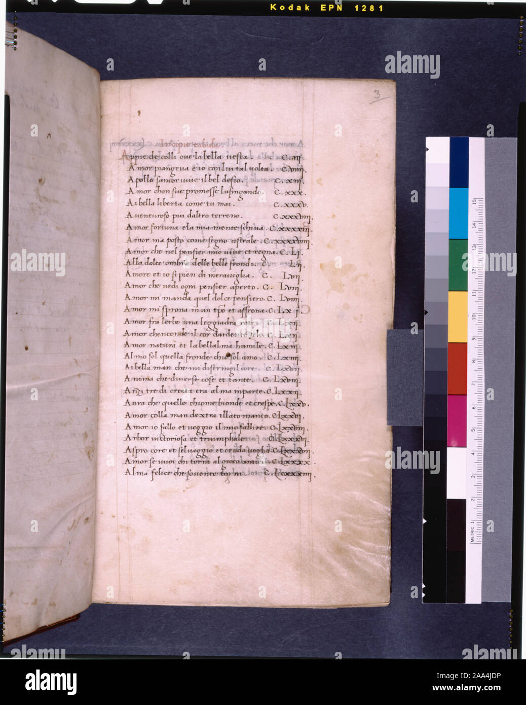 In de Ricci, Seymour, Volkszählung Handschriften des Mittelalters und der Renaissance in den Vereinigten Staaten und Kanada aufgeführt. New York. New York: H.W. Wilson, 1935; und Ergänzen, New York, N.Y.: Bibliographische Gesellschaft von Amerika, 1962. Ownership: Nicht identifizierte Wappen auf w. 64, besaß 1593 von Marchese Caracciolo des Sirino. Pfr. Thomas Crofts Verkauf (1783); kaufte 1785 von Sir John peachey; Herr Selsey Verkauf 1872 Quaritch; Lenox Kollektion. Oben, und die Library Dossier. Es gibt zwei Sätze von Bleistift foliation; den unterstrichenen Satz wird hier verwendet. Sechs Miniaturen. Aufwändige beleuchtet Grenzen in antiken architectu Stockfoto