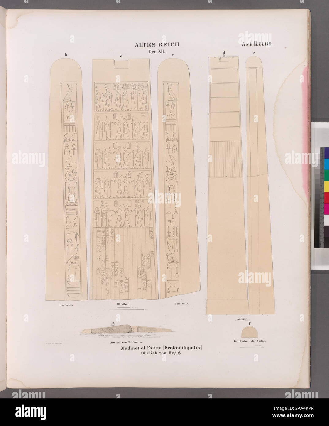 Altes Reich. Dynastie XII. Medinet el Faiûm [Krokodilopolis]: Obelisk von Begig - ein. Obertheil; b. Süd-Seite; c. Nord-Seite; d. e. Aufriss; f) Durchschnitt der Spitze; Ansicht von Nordosten.; Altes Reich. Dynastie XII. Medinet el Faiûm [Krokodilopolis]: Obelisk von Begig - ein. Obertheil; b. Süd-Seite; c. Nord-Seite; d. e. Aufriss; f) Durchschnitt der Spitze; Ansicht von Nordosten. Stockfoto