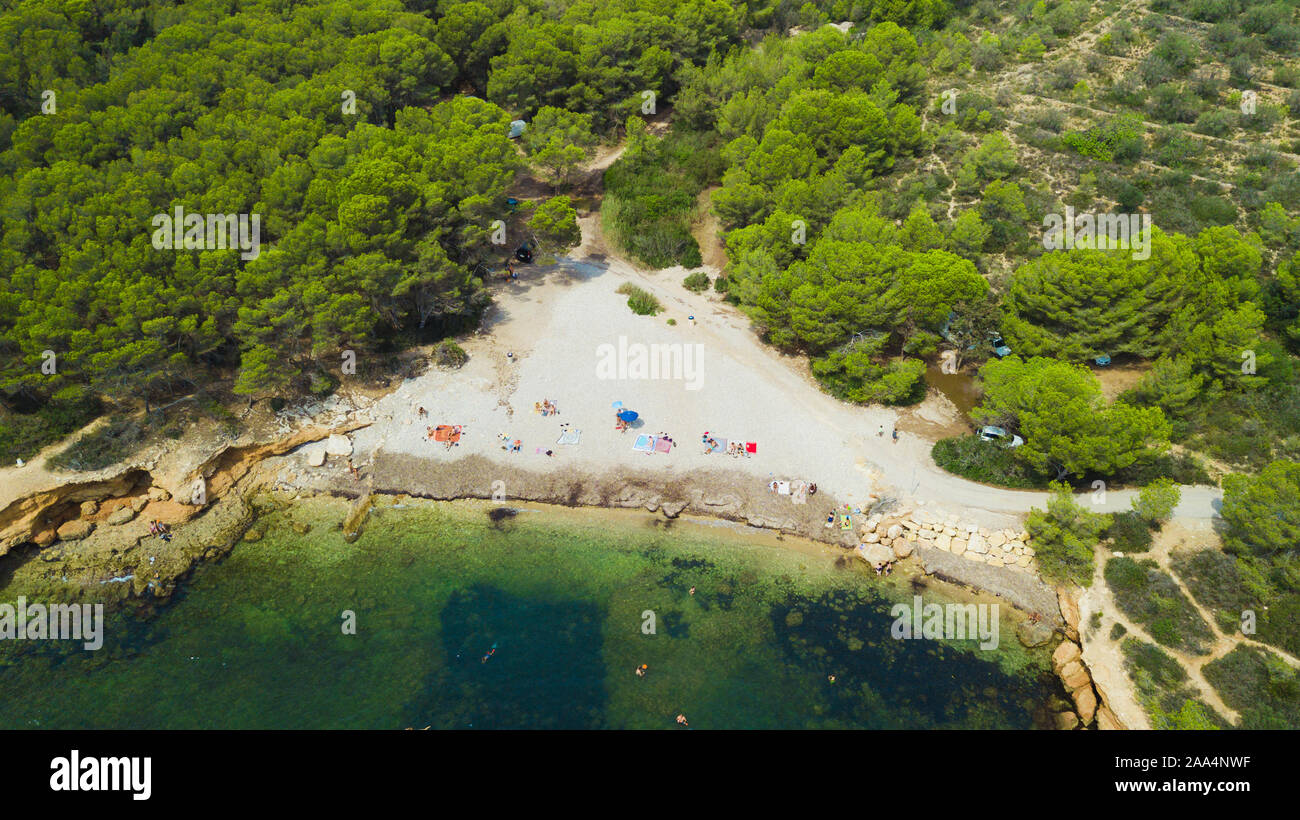 Luftaufnahme eines katalanischen Strand an der Costa Dorada (Provinz Tarragona). Reiseziel in Spanien Stockfoto