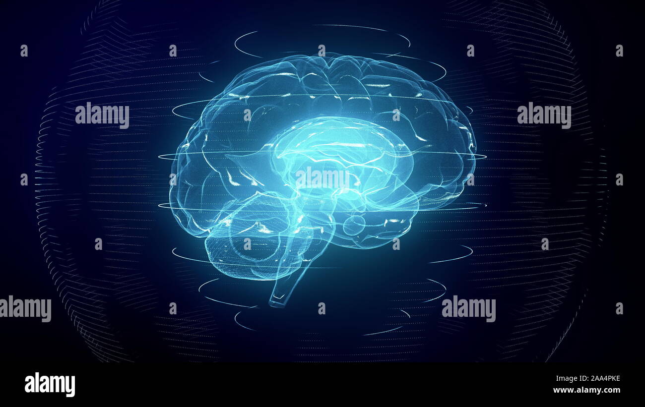 Futuristische blaue digitale Gehirn. Neuronen Feuern in MRT-Scan Stockfoto