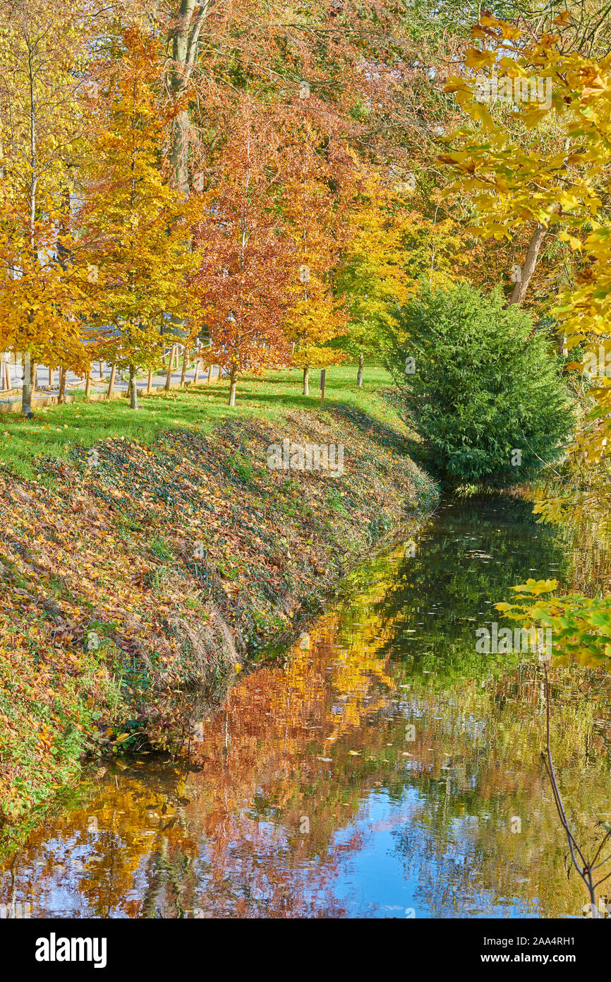 Einen Graben auf dem Fluss Cam auf der Gelehrten Stück, King's College, Universität Cambridge, England, an einem Herbsttag. Stockfoto