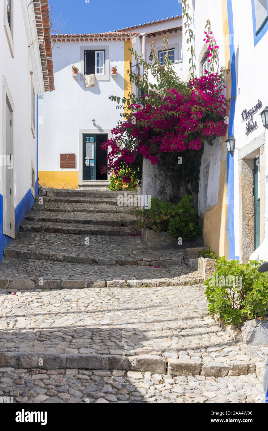 Seitenstraße, die schöne touristische Stadt Obidos, Portugal. Stockfoto