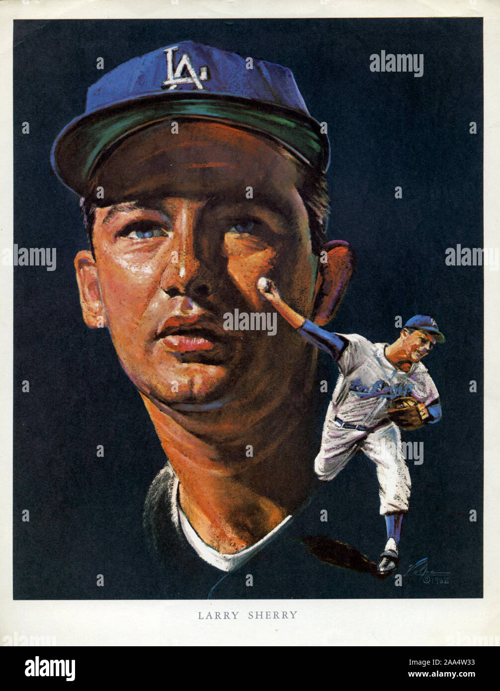 Souvenir Portrait von Los Angeles Dodger Spieler Larry Sherry nach Künstler Nicholas Volpe war es, Kunden an 76 Tankstellen in Los Angeles im Jahr 1962 als Förderung. Stockfoto