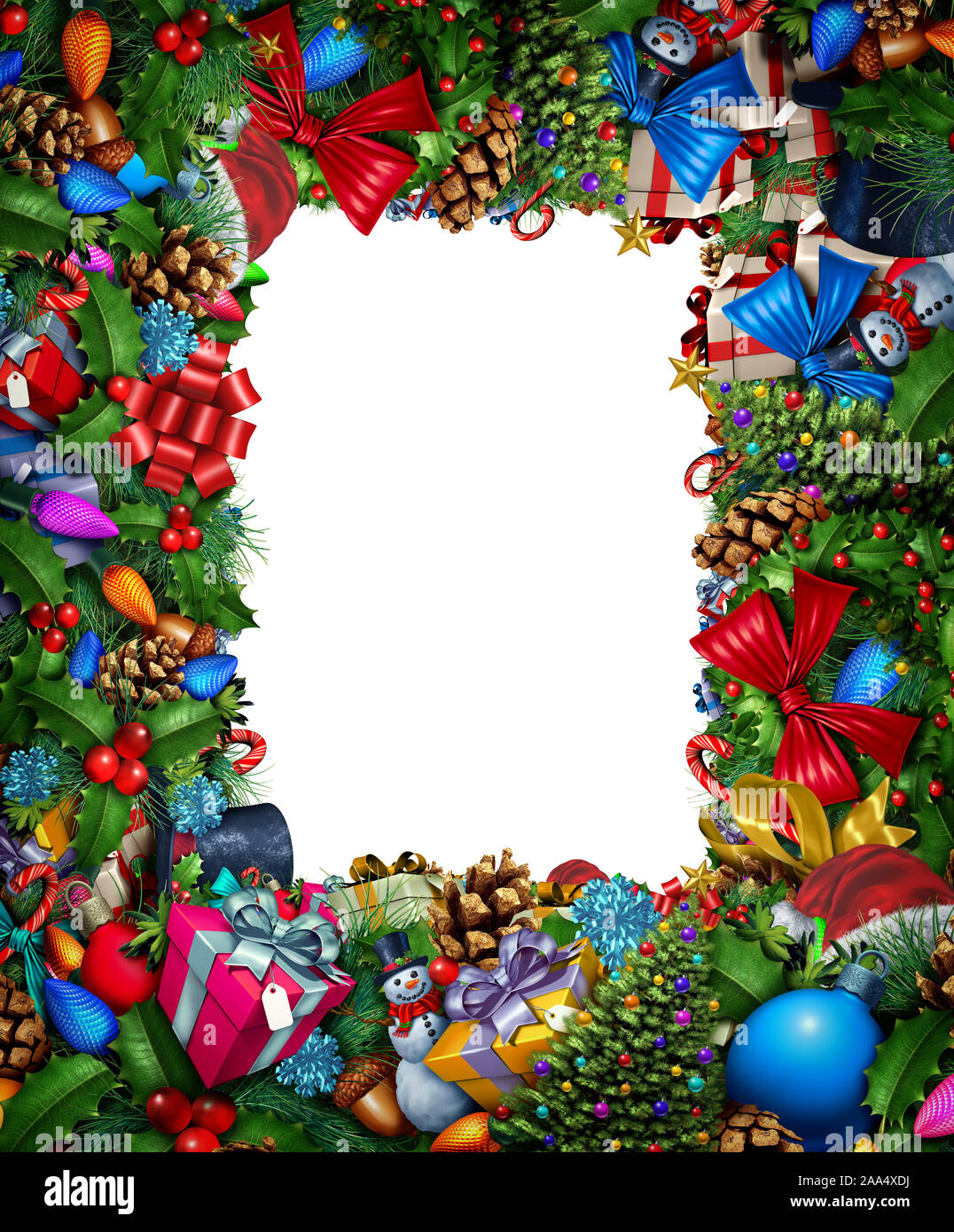 Weihnachten Rahmen Dekoration Grenze Banner mit Vintage dekorative Wintersaison Ornamente und Kiefer Niederlassungen als eine festliche Begrüßung. Stockfoto