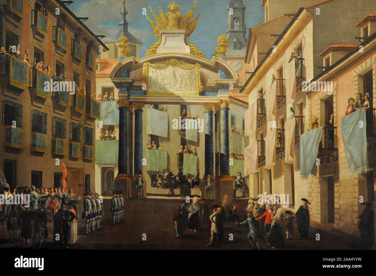 Zu Lorenzo de Quiros (1717-1789) zugeschrieben. Spanischer Maler. Triumphbogen errichtet in der Calle de Carretas, Ca.1760. (Madrid, Spanien). Detail. History Museum. Madrid. Spanien. (Auf Kredit, San Fernando Königliche Akademie der Schönen Künste, Madrid) Stockfoto