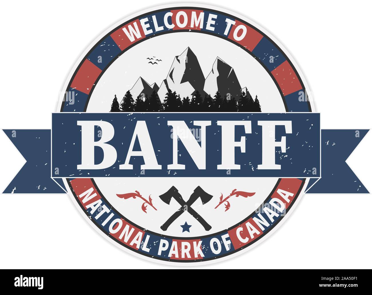 Willkommen im Banff National Park grunge Stempelabdruck auf weißem Hintergrund, Vector Illustration Stock Vektor