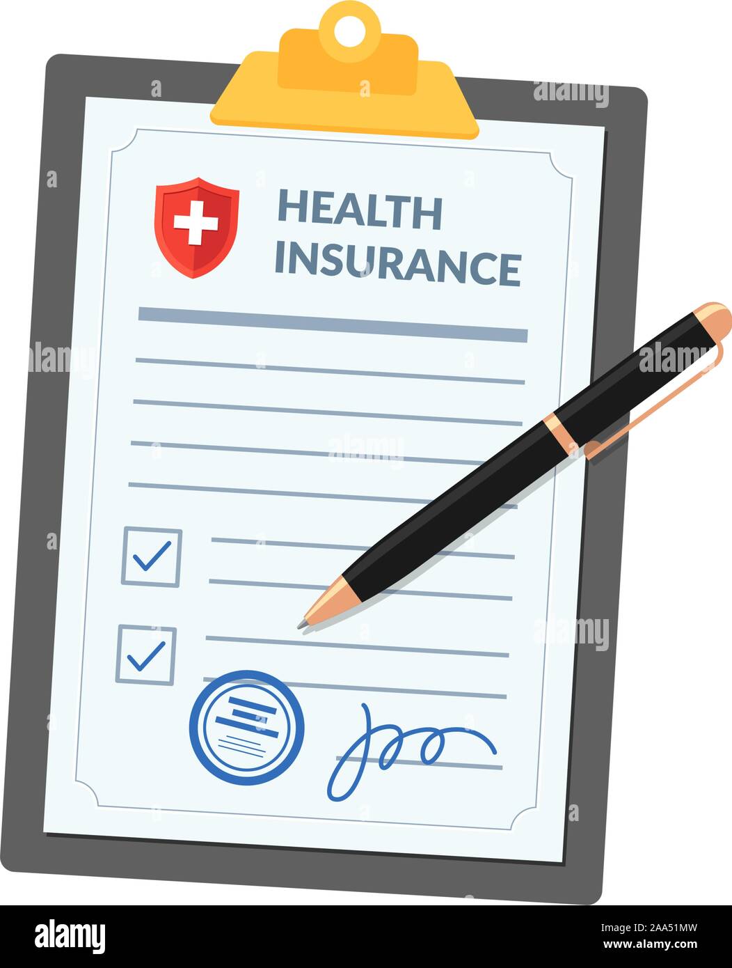 Medizinische Krankenversicherung auf Zwischenablage mit Stift isoliert auf weißem Hintergrund. Prüfliste des Vertrags mit Krankenhausvertrag mit Unterschrift an Bord. Abbildung des Rechtsvektors zum Verletzungsrisiko Stock Vektor