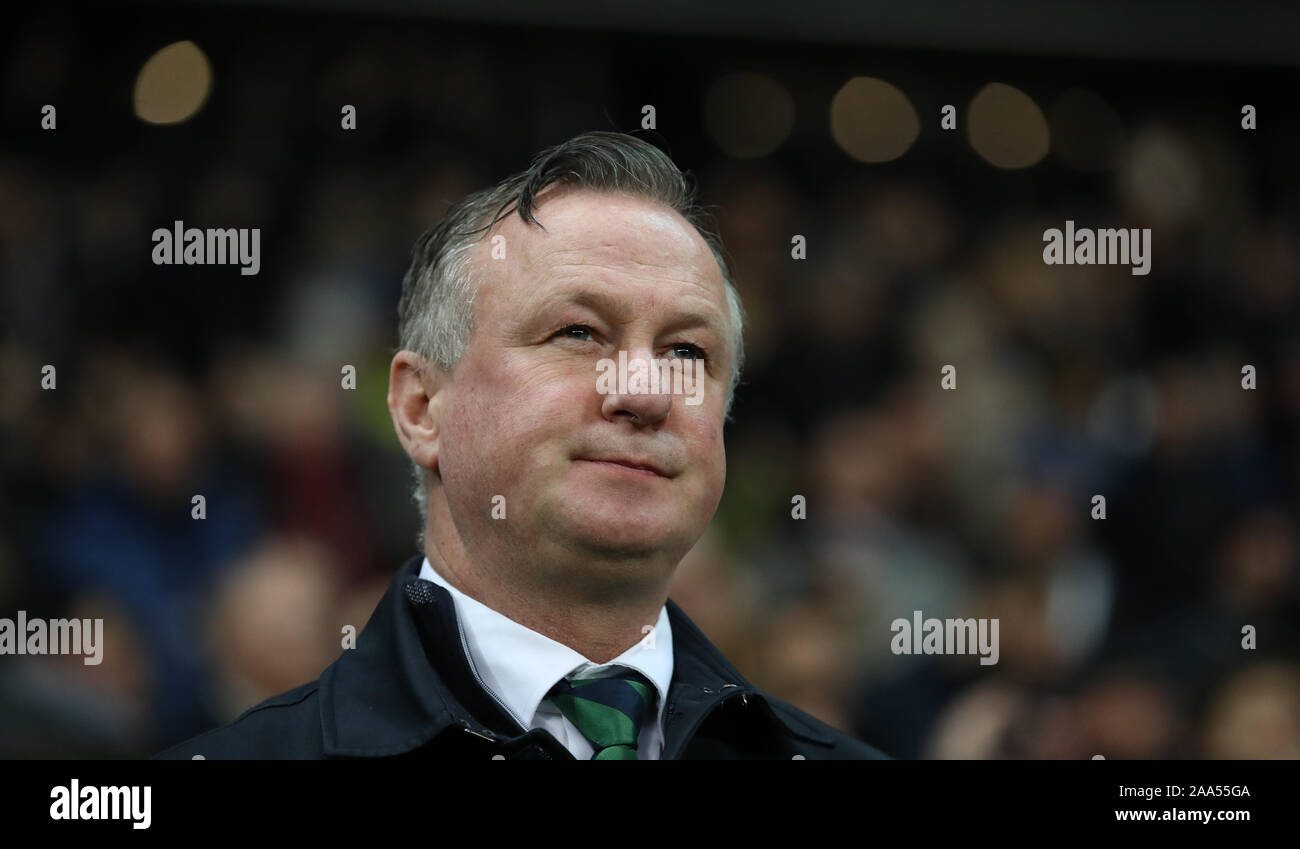 Frankfurt am Main, Deutschland. Nov, 2019 19. Em-Qualifikation, Gruppenphase, Gruppe C, 10. Spieltag, Deutschland - Nordirland in der Commerzbank Arena. Nordirland Trainer Michael O'Neill vor dem Spiel. Wichtiger Hinweis: In Übereinstimmung mit den Anforderungen der DFL Deutsche Fußball Liga oder der DFB Deutscher Fußball-Bund ist es untersagt, zu verwenden oder verwendet Fotos im Stadion und/oder das Spiel in Form von Bildern und/oder Videos - wie Foto Sequenzen getroffen haben. Foto: Christian Charisius/dpa Quelle: dpa Picture alliance/Ala Quelle: dpa Picture alliance/Alamy Live Neue Stockfoto