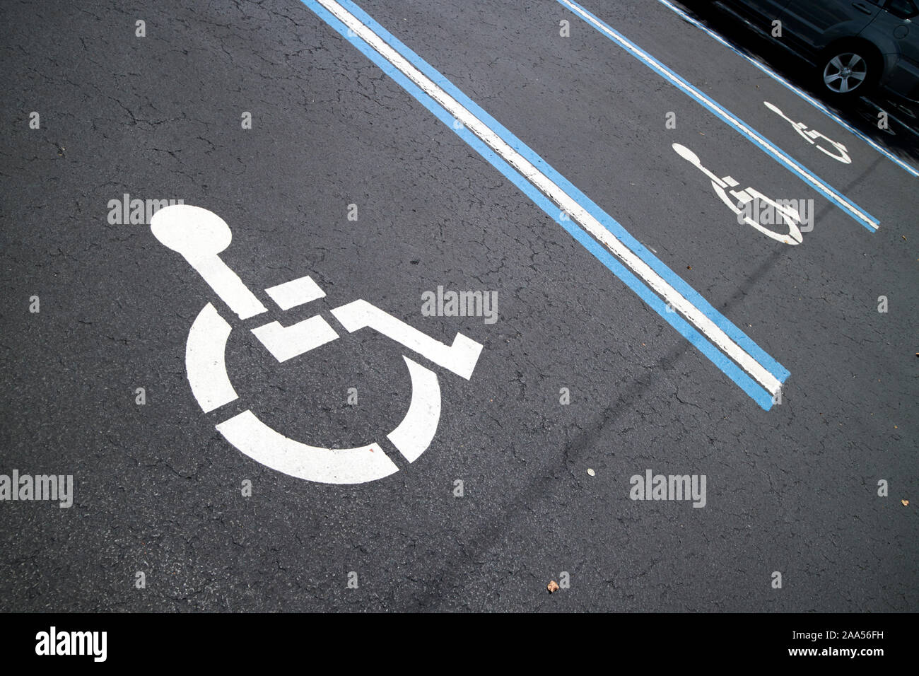 Leere behindertengerechte Parkplätze auf einem Parkplatz in Florida, USA Stockfoto