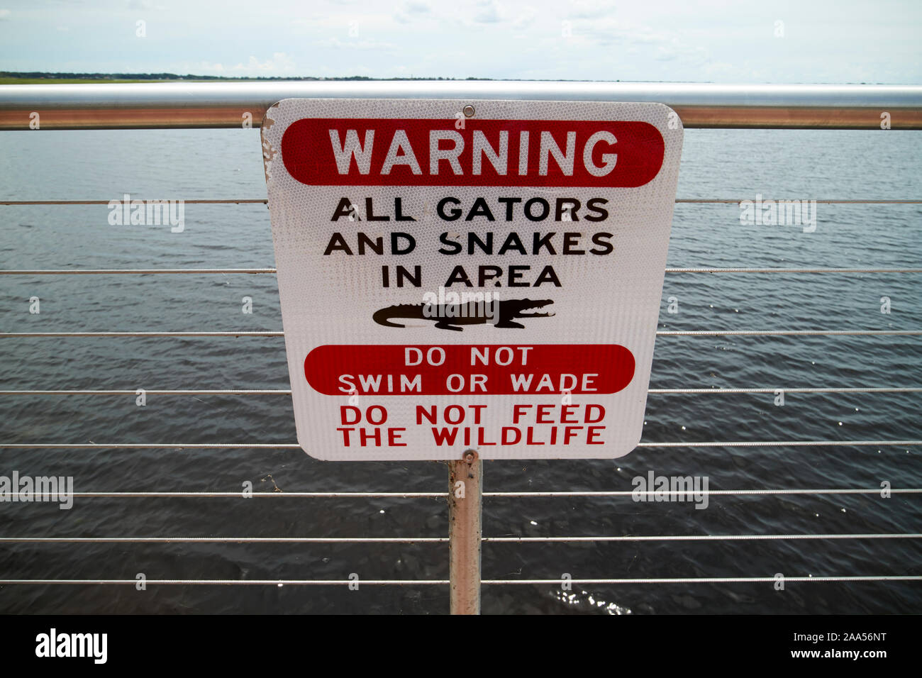 Wildlife Warnschild über Alligatoren und Schlangen in der Nähe von Wasser in Florida, USA Stockfoto