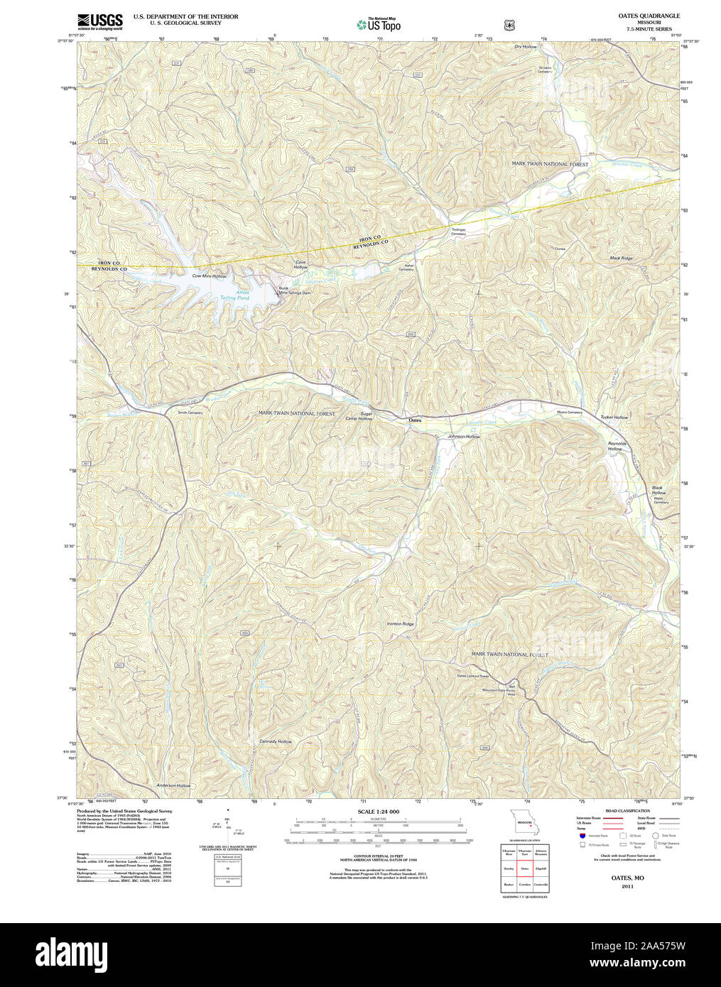 USGS TOPO Karte Missouri MO Oates 20111216 TM Wiederherstellung Stockfoto