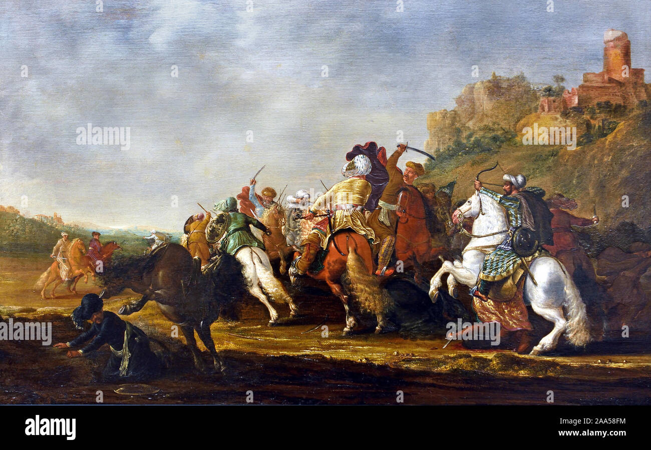 Orientalischer Reiter in der Schlacht 1638 Cornelis Verbeeck (1590 - 1637) Niederlande, Niederländisch. Stockfoto