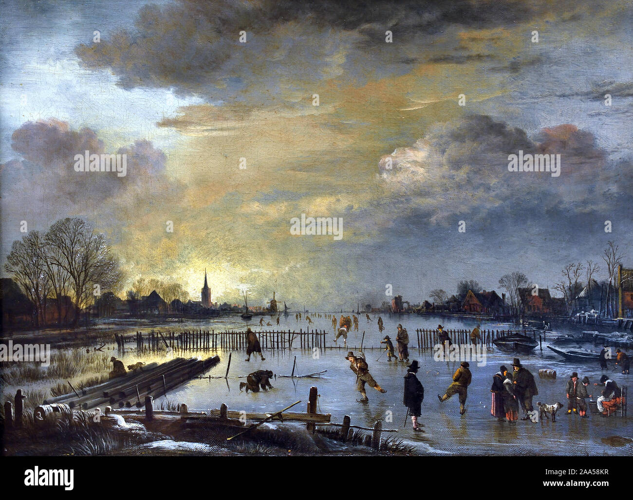 Winterlandschaft mit Skater 1655-1660 von Aert van Neer 1603-1677 Niederländisch, den Niederlanden. Stockfoto