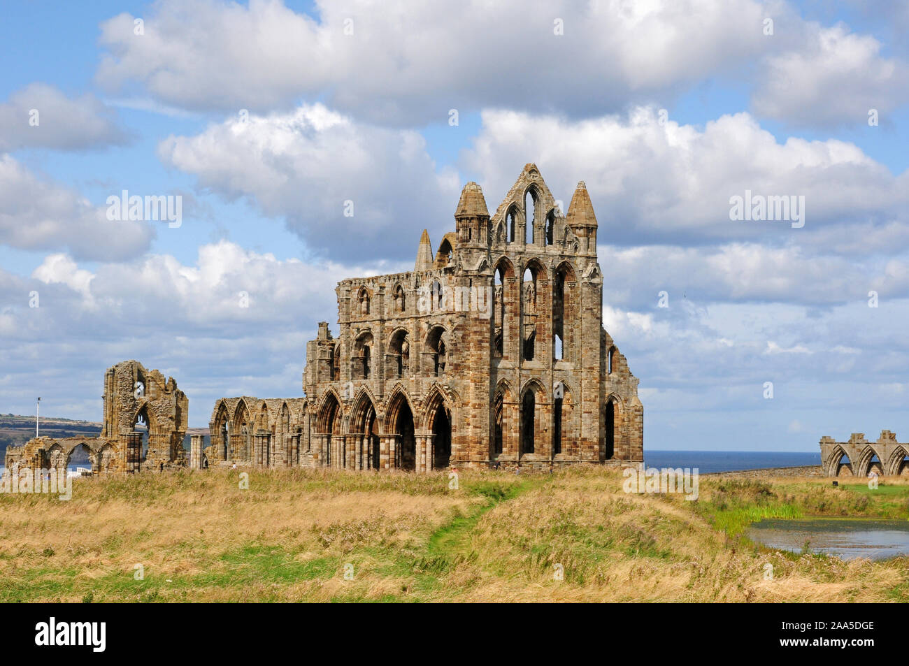 Whitby Abbey. Teil des Teiches. Meer Stockfoto