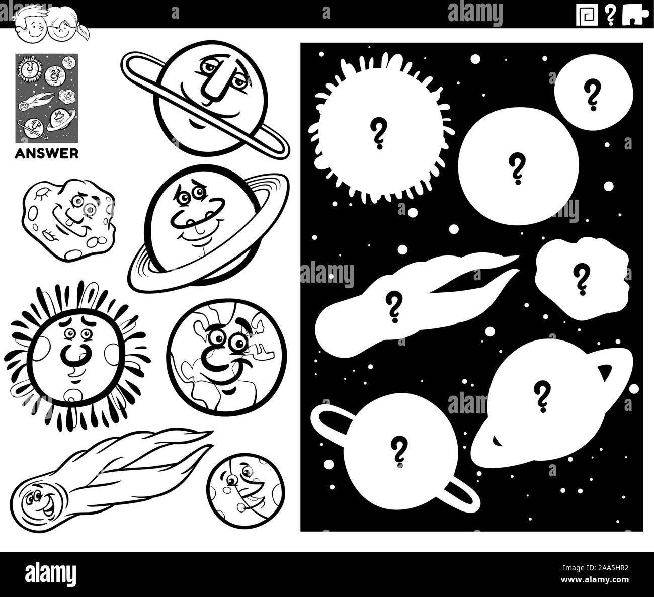 Schwarze und Weiße Cartoon Illustration von Match Objekte und die richtige Form oder Silhouette mit Himmelskörpern Lernspiel für Kinder Färbung B Stock Vektor