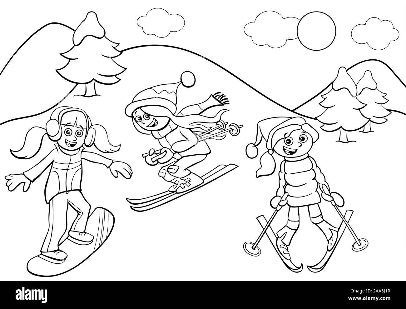 Schwarze und Weiße Cartoon Illustrationen von Snowboarden und Skifahren Mädchen Zeichen auf Winterzeit Malbuch Seite Stock Vektor