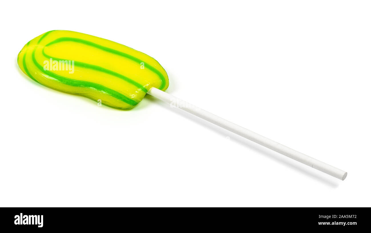 Gelb-grüne Lollipop auf weißem Hintergrund mit Freistellungspfad isoliert Stockfoto