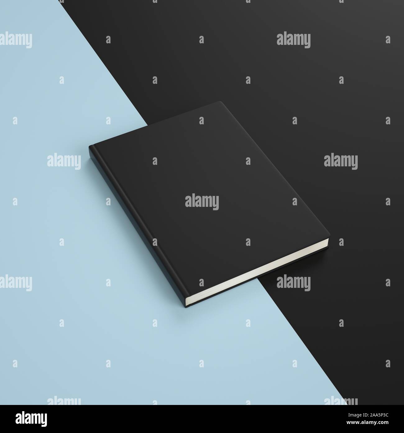 Mockup leere Abdeckung der schwarzen Buch auf zwei blaue und schwarze Farben Hintergrund. Stockfoto