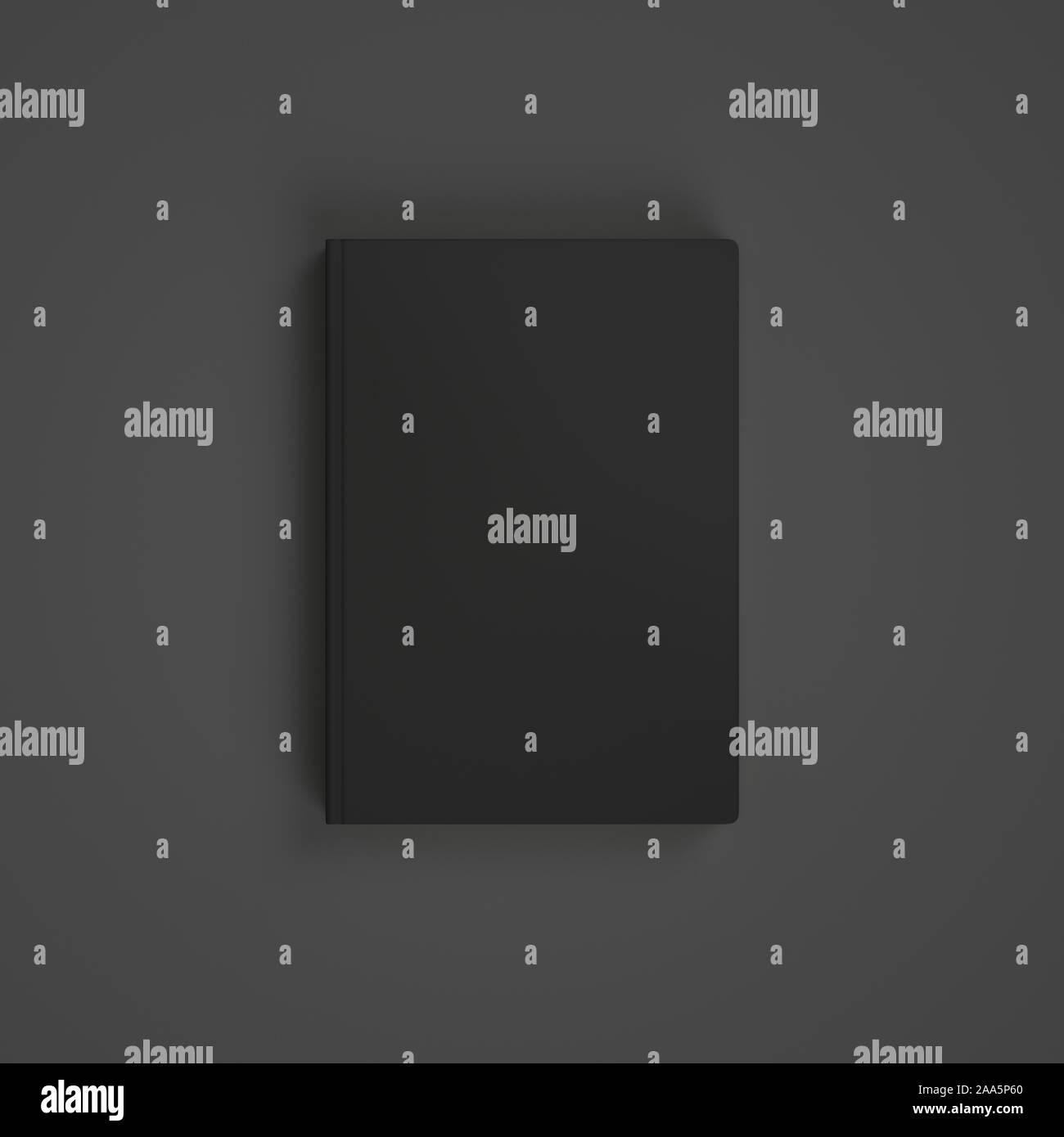 Leere schwarze Buch auf dunklem Hintergrund. Easy Cover mockup. Vorderansicht. Stockfoto