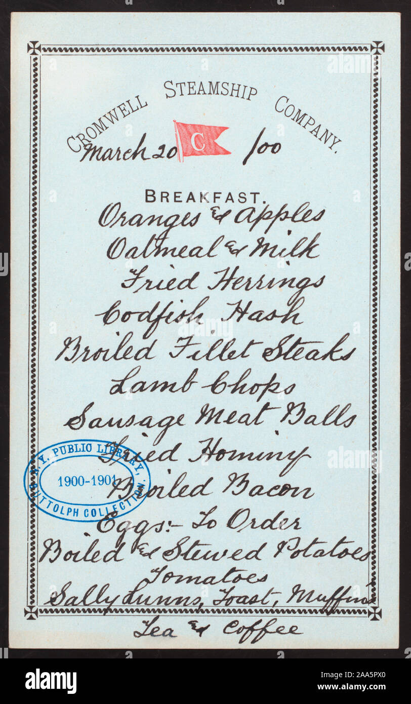PALE BLUE CARD; ROTE FLAGGE MIT C; HANDSCHRIFTLICHE MENÜ 1900-2530; Frühstück [von] CROMWELL STEAMSHIP COMPANY [at] gehalten (SS;) Stockfoto