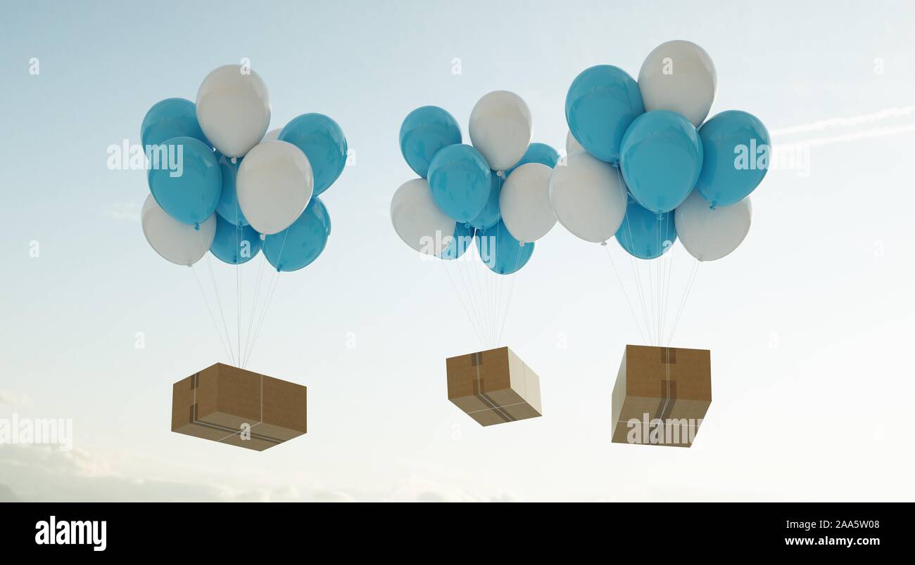 Pakete, die von Weißen und Blauen Luftballons durch die Luft transportiert. Luft und Versicherung von Sendungen. Stockfoto