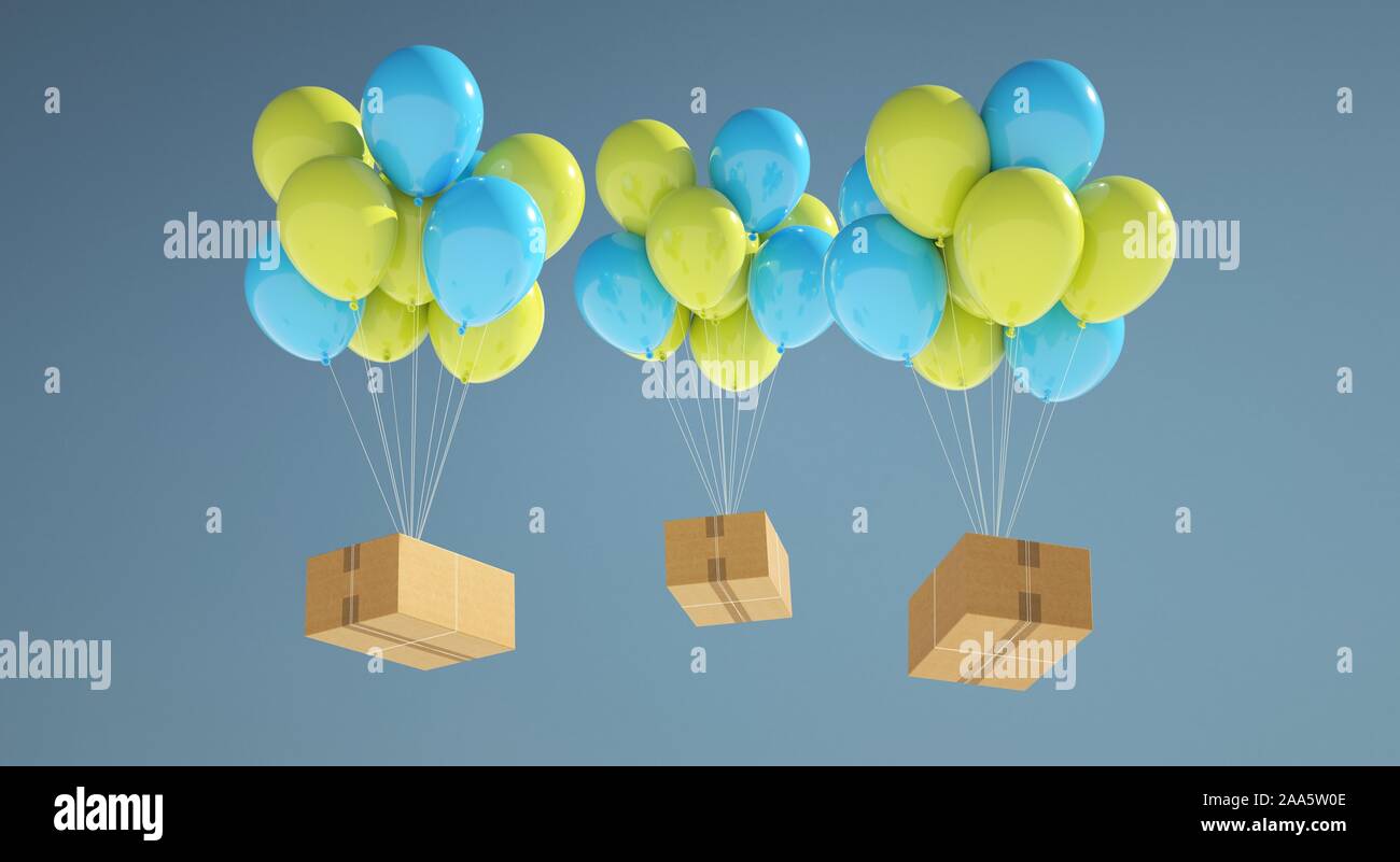 Drei Pappkartons mit Luftballons. Luftfracht in die ganze Welt. Stockfoto