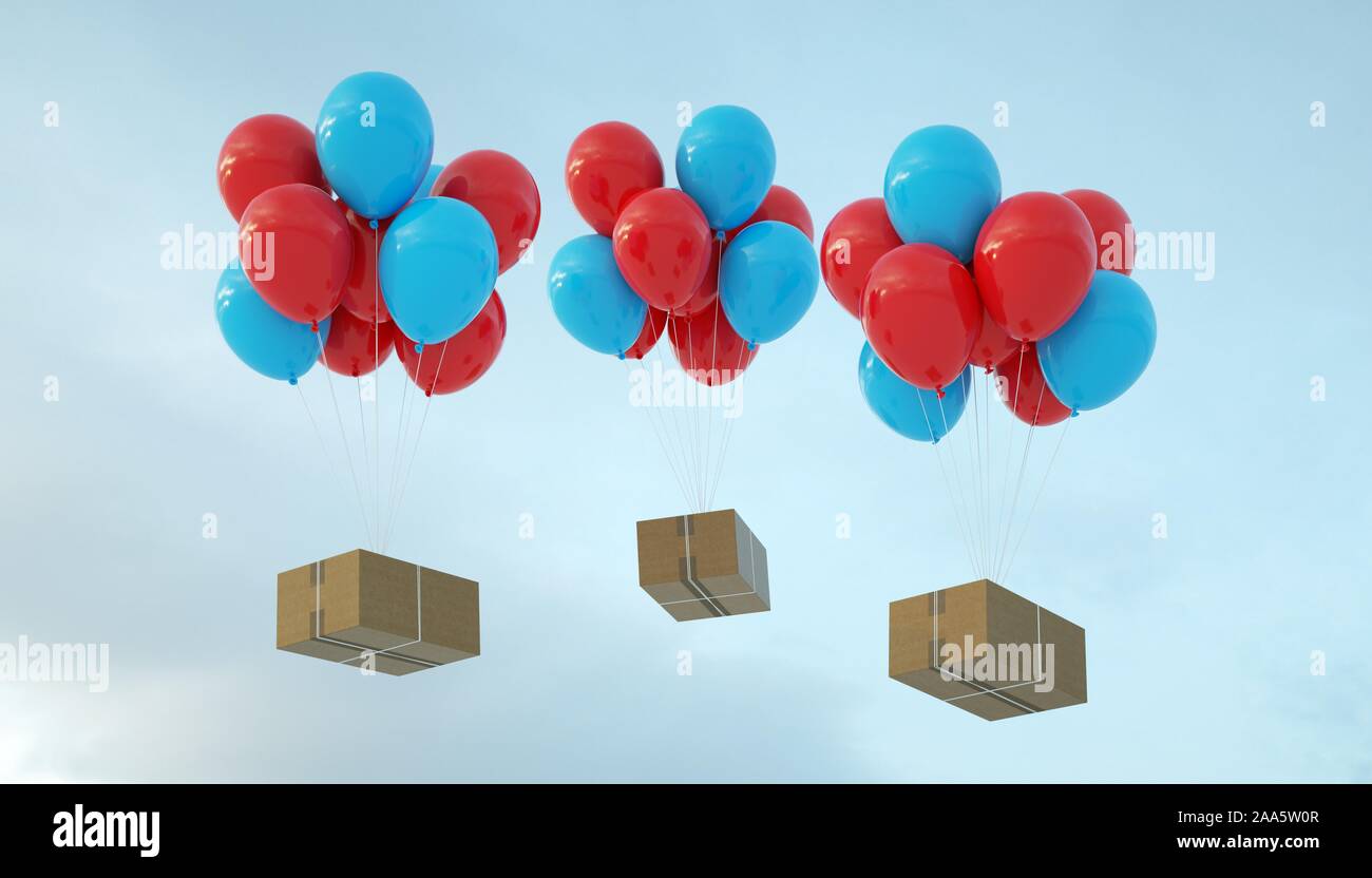 Boxen durch rote und blaue Luftballons in der Luft durchgeführt. Schnelle und sichere Beförderung der Pakete. Stockfoto