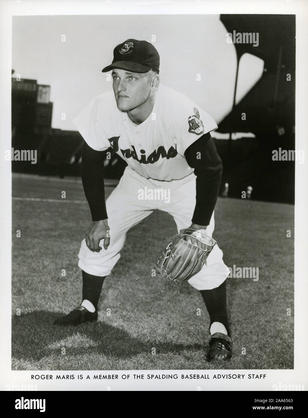 Vintage schwarz-weiß Foto von Roger Maris mit dem Cleveland's Indianer ca. 1950 als Aufschrift für Spalding Sportartikel. Stockfoto