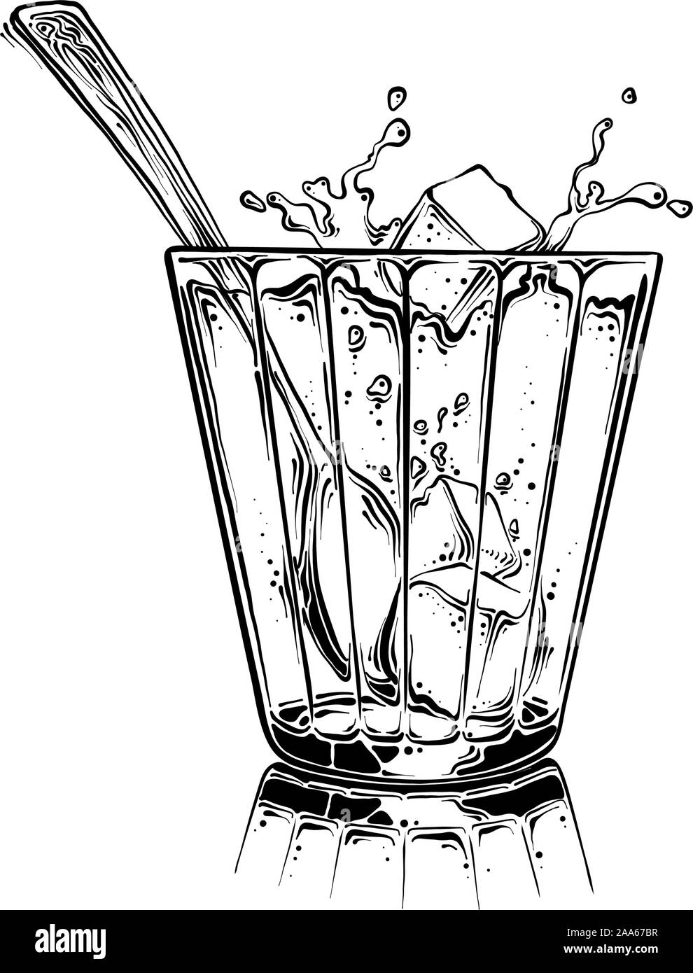 Cartoon Hand gezeichnet Tasse Tee mit Zucker Würfel und der Löffel in der Farbe schwarz. Auf weissem Hintergrund. Zeichnung für Poster, Dekoration und Drucken Stock Vektor