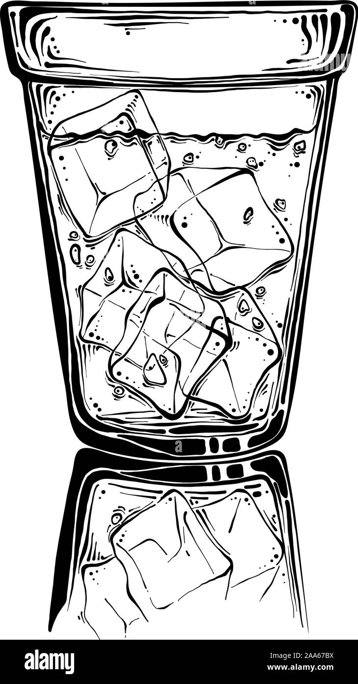 Handskizze Glas mit Eis in der Farbe schwarz gezeichnet. Auf weissem Hintergrund. Zeichnung für Poster, Dekoration und Drucken. Vector Illustration Stock Vektor